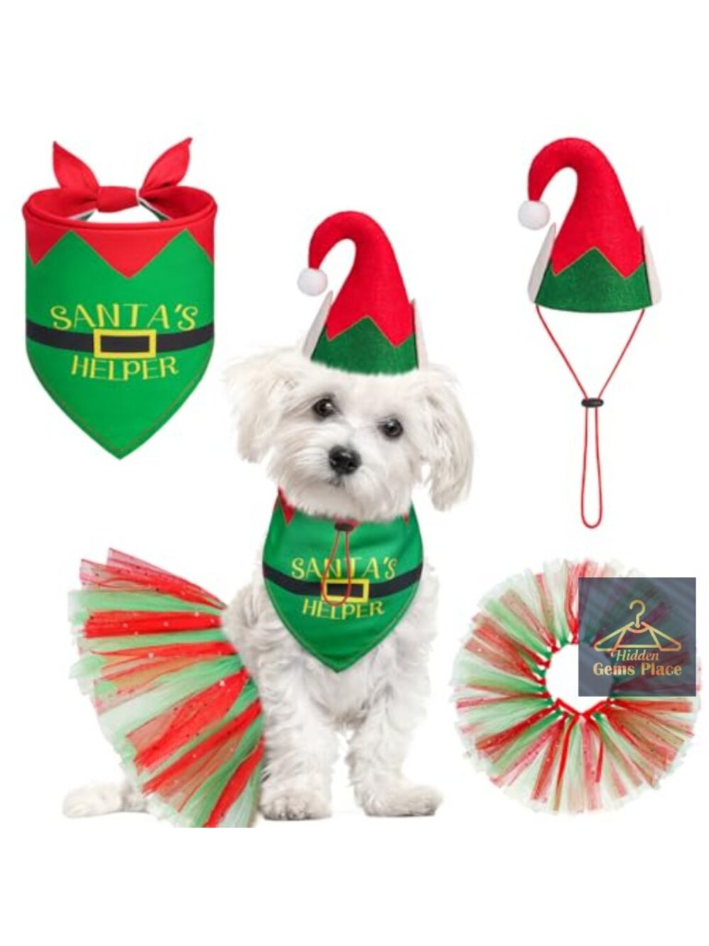 Dog Christmas Costume Set Tutu Bandana Elf Hat Small Medium Pet Outfit